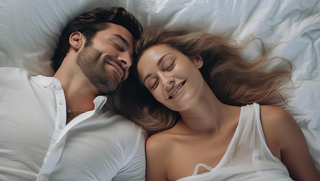 a couple lying on a white bed with the eyes closed in the style of emotional gestures