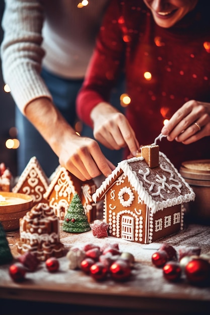 自宅のキッチンでクリスマスクッキーを作るカップル クリスマスと新年のコンセプト