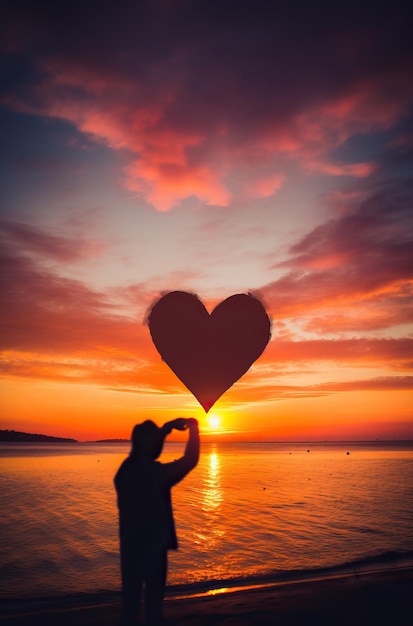 couple making a heart shape in the air above water during sunset concept in the style of animated