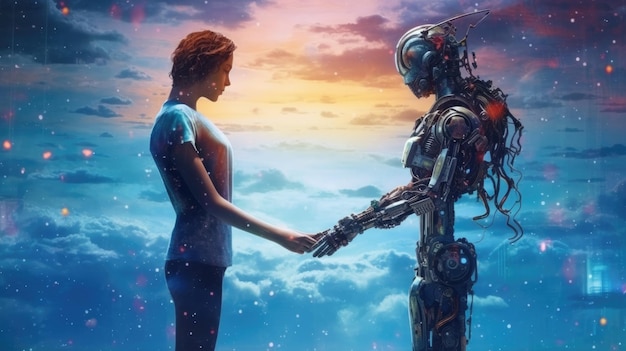 Photo couple of man and robot girl holding each other's hands on space sky background imagination of love passion fantasy between human and ai generative ai image weber