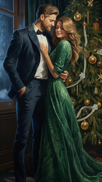 Foto coppia uomo e donna all'albero di natale con luci e decorazioni di natale buon natale