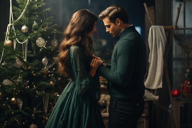 couple man and woman at christmas tree with christmas lights and decorations merry christmas