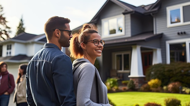 Couple of man and woman looking at new house