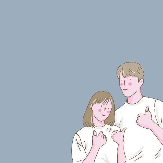 A couple a man and a woman posing and doing thumb up pose together on a light blue background
