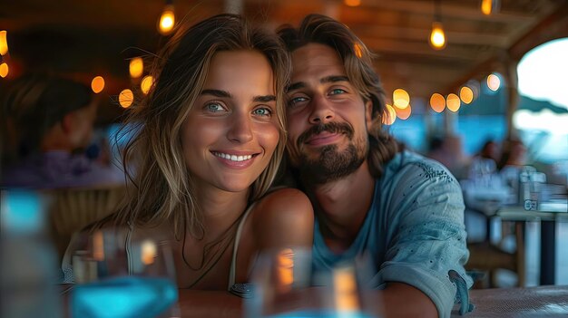 Couple of man and woman in a romantic and happy moment having a drink in a bar