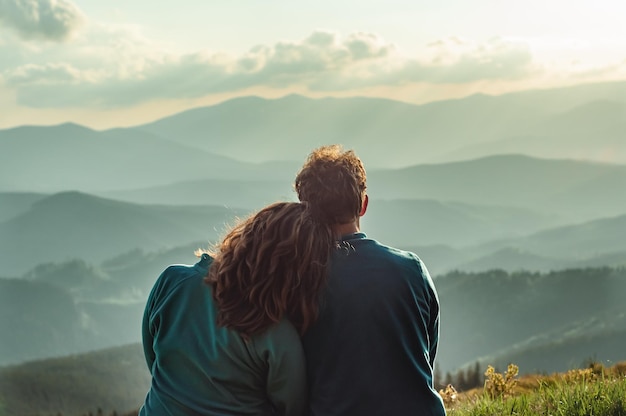 男と女のカップルが一緒に座って山の旅の美しい景色を眺める