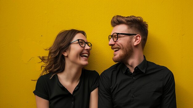 couple of man and woman wearing black clothes and glasses on a yellow background