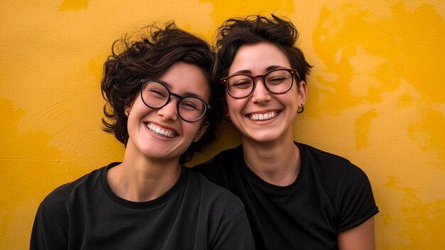 Foto coppia di uomo e donna che indossano vestiti neri e occhiali su uno sfondo giallo