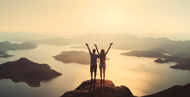 Foto coppia di uomini e donne in piedi in cima alla montagna e guardando le isole e il tramonto del mare concetto di viaggio copia gratuita spazio generato da ia