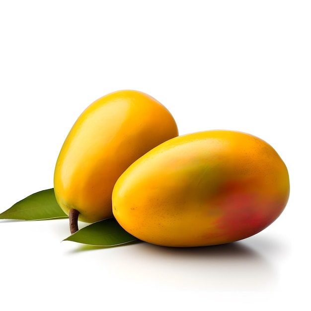 A couple of mangoes are laying on a white background