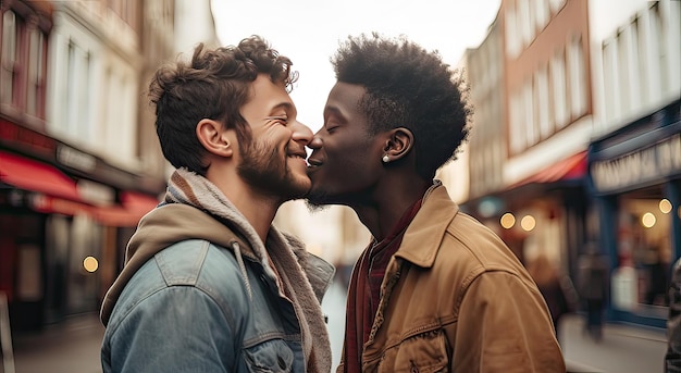 couple of men of different ethnicity in love with their eyes closed before kissing each other