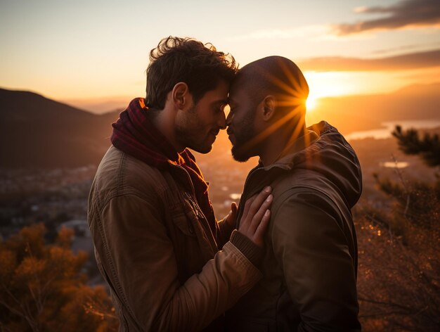 Couple of men in love at sunset