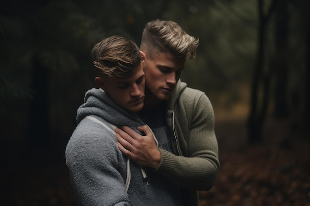 Photo a couple of men standing next to each other in a forest