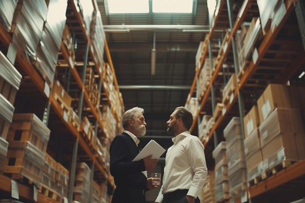 Photo a couple of men standing next to each other in a warehouse