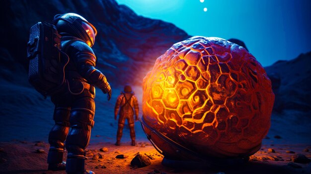 Couple of men standing next to giant orange object on desert Generative AI
