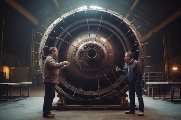 A couple of men standing next to a large machine