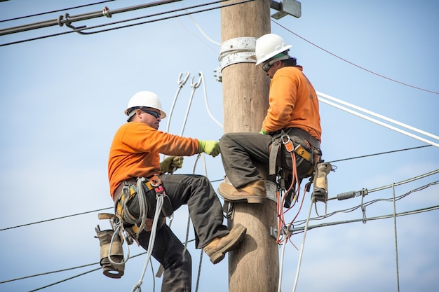 A couple of men on top of a wooden pole generative ai image power line workers