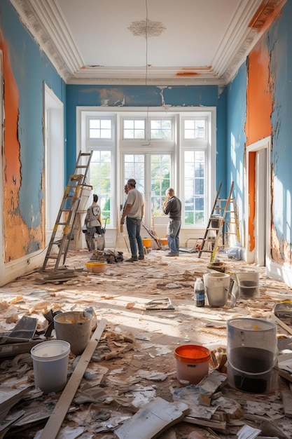 A couple of men working in a room under construction