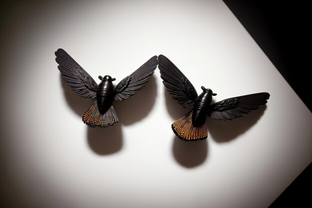 Photo a couple of metal birds sitting on top of a white wall