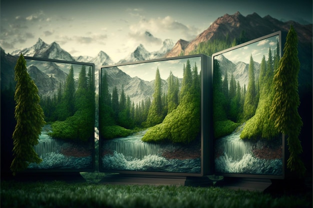 Photo couple of mirrors sitting on top of a lush green field generative ai