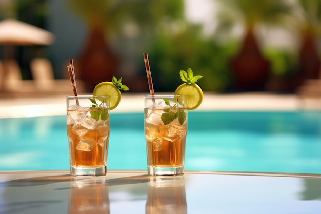 A couple of mojitos on a table next to a pool of 5 stars hotel