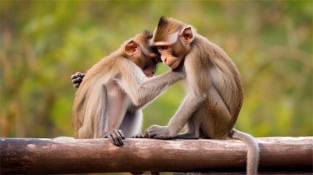 Foto un paio di scimmie si siedono su un recinto