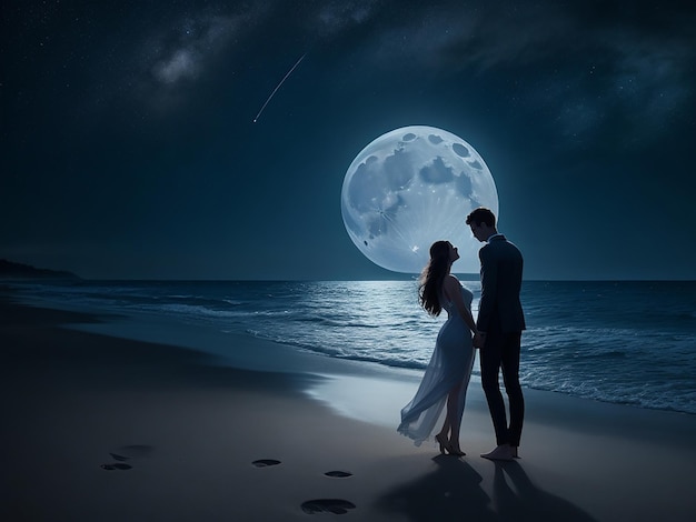 A Couple The Moonlight At A Beach Generative Ai