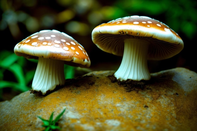 A Couple Of Mushrooms Sitting On Top Of A Rock