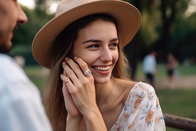 Couple nature and engagement ring with a woman in park on an outdoor date while happy