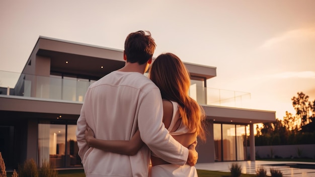 Couple new home and outdoor embracing after buying or renting real estate property