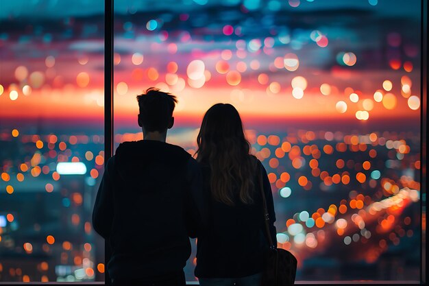 Couple at Night Looking at a Cityscape at Sunset