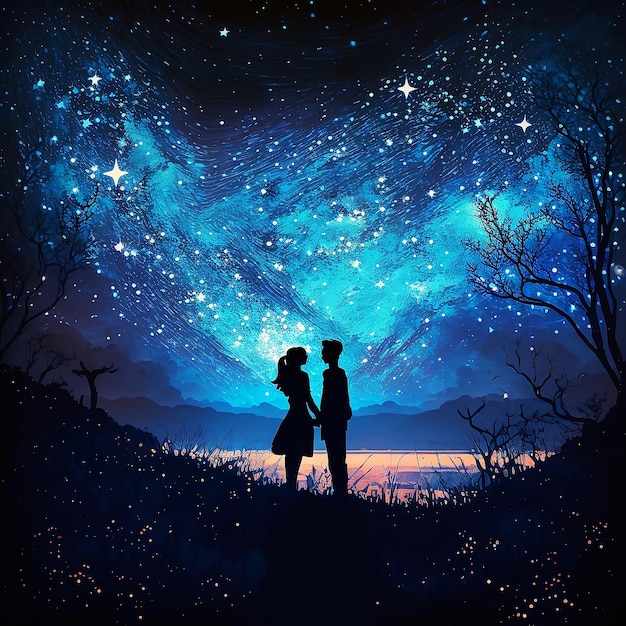 couple in the night under the starry sky