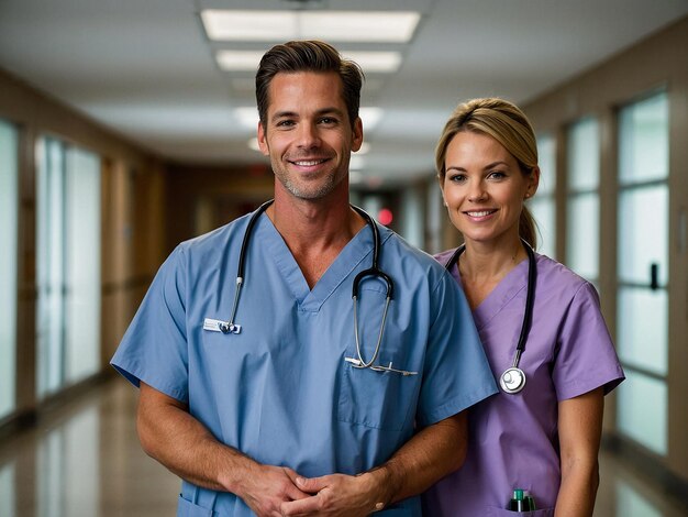 Couple of nurses posing in the hospital hallway