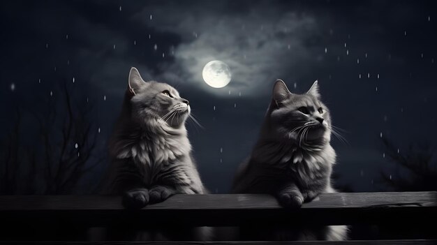 写真 満月夜の空の前でフェンスに座っている可愛い猫のカップル ニューラルネットワークが生成した画像