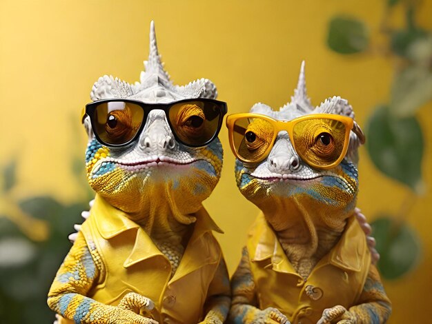 写真 黄色の背景に黄色のメガネをかけたカメレオンのカップルかわいい面白いカメレオンの肖像画