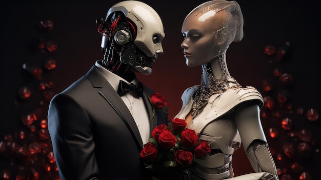 写真 サイボーグのカップルがデートし結婚式を祝う人間のように見えるロボットのカップル