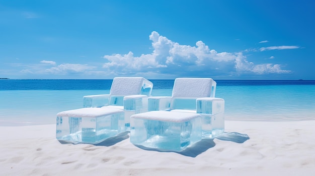 사진 해변에 얼음 데크 의자 한  상쾌한 개념 차가운 의자와 함께 뜨거운 해변에서 휴가