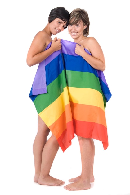 写真 lgtbのレズビアンカップル レインボーフラットと白い背景