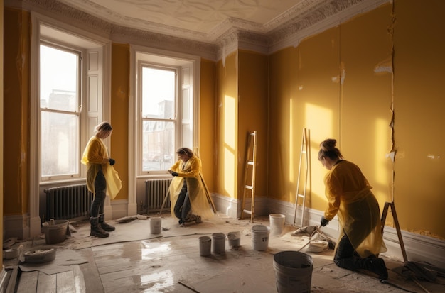 Фото Пара рабочих рисует стены комнаты желтой краской
