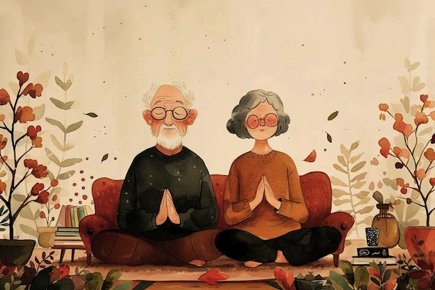 Couple of old people sitting on the sofa at home doing yoga