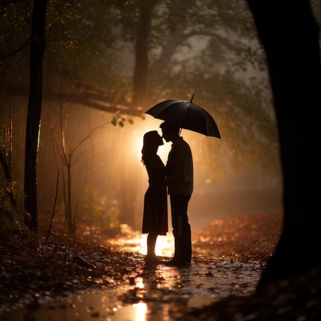 雨の中、1つの傘の下にいるカップル