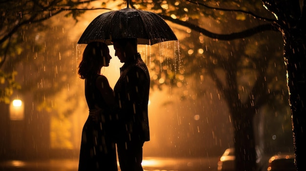 Couple under one umbrella in the rain