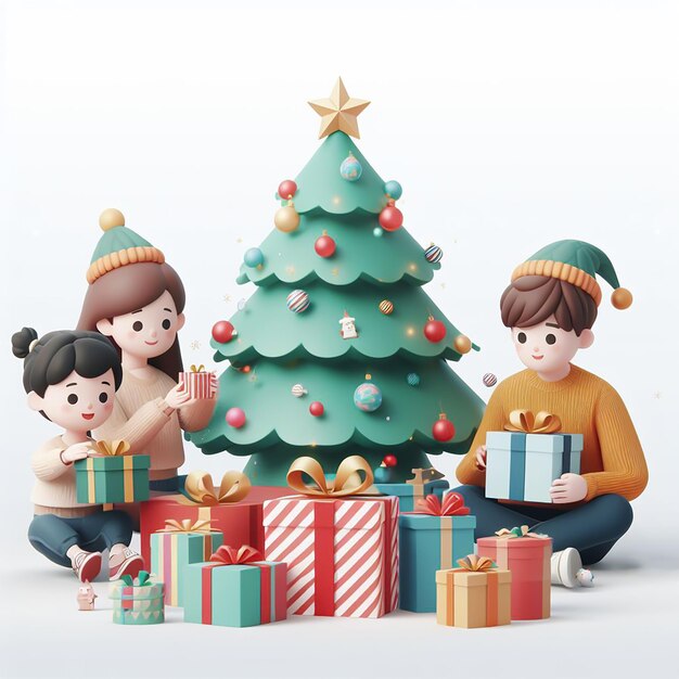 Photo a couple opens christmas presents with their children kids 3d style