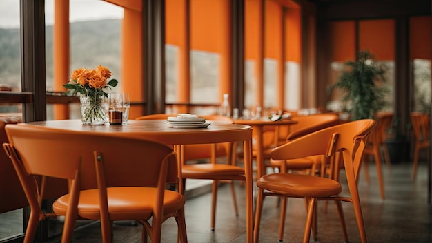 テーブルの隣に座っているオレンジ色の椅子のカップル