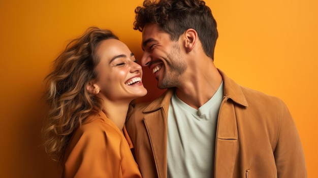 A couple in orange coats smiles and smiles.