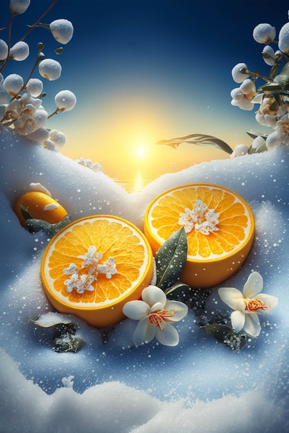 Couple of oranges sitting on top of a snow covered ground generative ai
