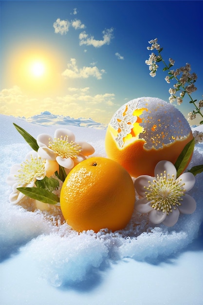 Couple of oranges sitting on top of snow covered ground generative ai