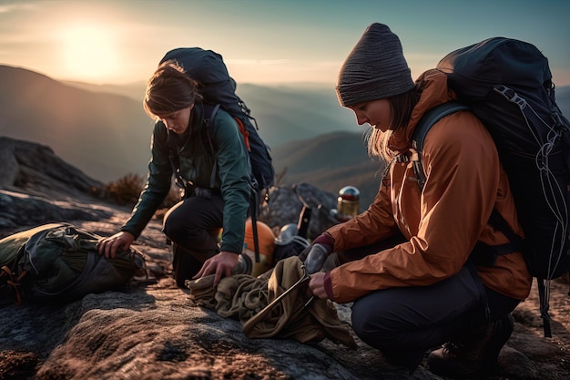 Couple packing up after camping in the mountains