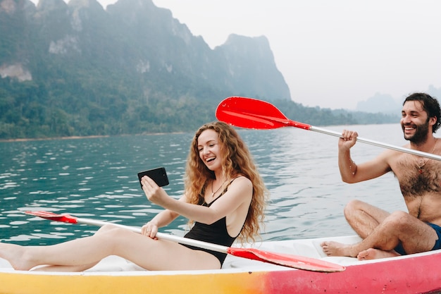 Couple paddling in a canoe