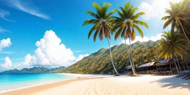 A couple of palm trees sitting on top of a sandy beach